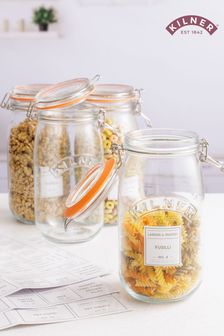 Kilner Clear 1.5L Round Clip Top Jars And Pantry Labels Set of 4