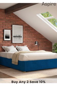 Aspire Furniture Navy Platform Velvet End Lift Ottoman Storage Bed