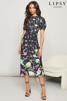 Lipsy Black Base Floral Print Regular Woven Underbust Midi Dress (JZ9856) | £52