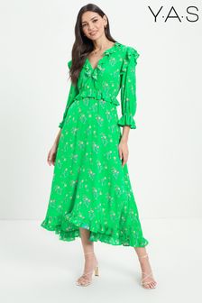 Y.A.S Green Floral Print V Neck Ruffle Summer Midi Dress (K00301) | £75