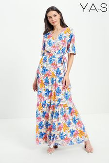 Y.A.S Cream Floral Print V Neck Ruffle Summer Midi Dress (K00302) | £95