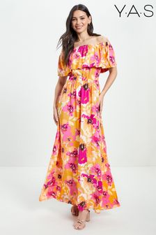 Y.A.S Yellow Floral Print Ruffle Bardot Summer Maxi Dress (K00303) | £90