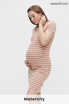 Mamalicious Pink Maternity Stripe Fitted TShirt Dress (K01274) | £18