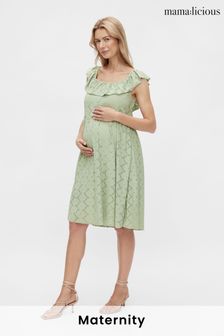 Mamalicious Green Maternity Midi Broderie Frill Summer Dress (K01277) | £35