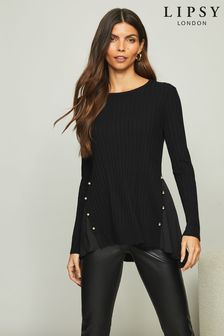 Lipsy Black Regular Woven Mix Longline Studded Knitted Jumper (K01294) | £38