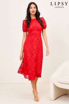 Lipsy Red Lace Underbust Midi Dress (K01894) | £65
