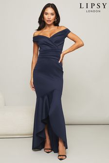 Lipsy Navy Pleated Bardot Maxi Dress (K01957) | £78