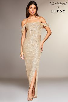 Lipsy Gold Bardot Split Maxi Dress (K01985) | £99