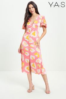 Y.A.S Pink Abstract Floral Print V Neck Ruffle Summer Midi Dress (K01998) | £75
