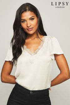 Lipsy White Regular Lace Trim V Neck T-Shirt (K04801) | £26