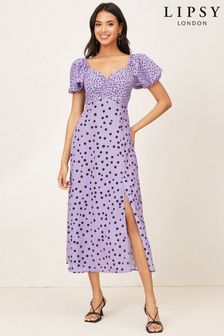 Lipsy Lilac Spot Sweetheart Puff Sleeve Midi Dress (K08262) | £48