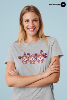 Brands In Corgis and Flowers Womens Grey Boyfriend Fit T-Shirt