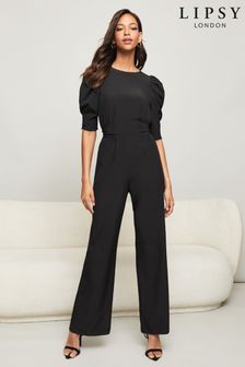 Lipsy Plain Black Regular Puff Sleeve Tie Waist Jumpsuit (K10531) | £45