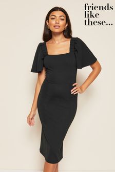 Friends Like These Black Angle Sleeve Square Neck Midi Dress (K12040) | £36