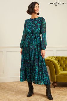 Love & Roses Green Animal Printed Belted Pleated Midi Dress (K15714) | £70