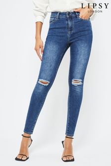 Lipsy Knee Rip Mid Blue Mid Rise Skinny Kate Jeans (K16455) | £44