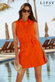 Lipsy Orange Sleeveless Tie Waist Mini Shirt Dress (K16967) | £44