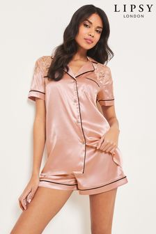 Lipsy Pink Lace Satin Shirts and Shorts Pyjama Set (K17612) | £36