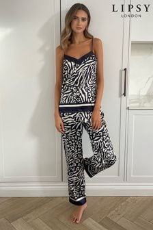 Lipsy Black Printed Satin Cami Trouser Pyjama Set (K17615) | £38