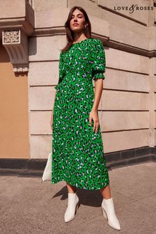 Suncare & SPF Green Animal Empire Puff Sleeve Midi Dress (K18370) | £49