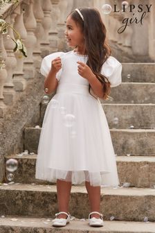 Lipsy Ivory Puff Sleeve Occasion Dress (3yrs-16yrs) (K18706) | £46 - £54