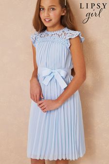 Lipsy Blue Lace Yolk Pleated Occasion Dress (K18715) | £40 - £46