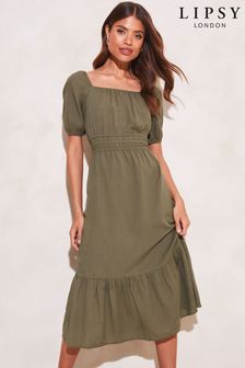 Lipsy Khaki Green Linen Look Puff Sleeve Midi Dress (K20137) | £40