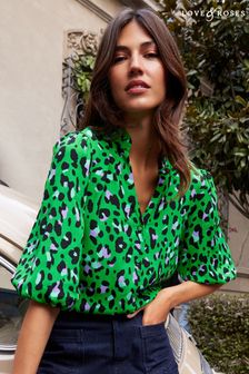 Spiuk Men s clothing Vests Green Animal Frill Ruffle V Neck 3/4 Sleeve Button Up Blouse (K25021) | £34