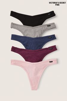 Victoria's Secret PINK Black/Grey/Blue/Burgundy/Pink Cotton Thong Knickers 5 Pack (K25574) | £25