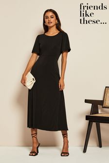 Friends Like These Black Flutter Sleeve Midi Dress (K26783) | £35