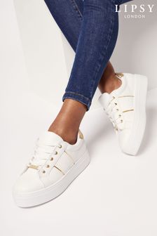 Lipsy White Lace Up Low Top Flatform Faux Leather Trainer (K28997) | £43