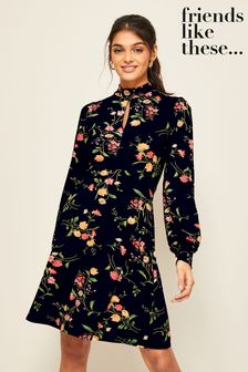 Friends Like These Black Floral Keyhole Jersey Mini Dress (K29373) | £30