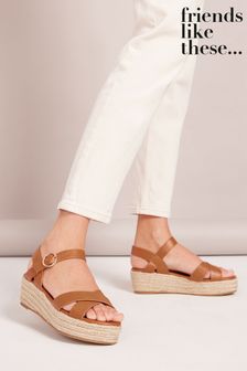 Friends Like These Brown Regular Fit Cross Strap Espadrille Flatform Wedges (K29499) | £28