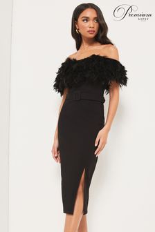 Lipsy Black Premium Feather Belted Bardot Dress (K33340) | £135