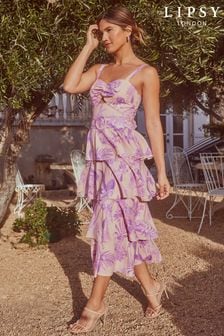 Lipsy Purple Cut Out Belted Sweetheart Neck Tiered Midi Dress (K33409) | £96
