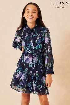Lipsy Navy Floral Belted Long Sleeve Shirt Dress (K33753) | £28 - £36