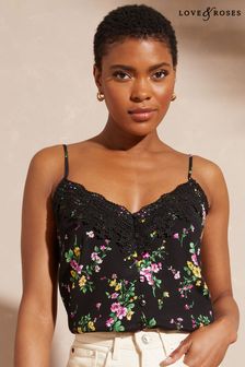 Love & Roses Black Floral Lace Trim V Neck Cami Vest Top (K34568) | £30