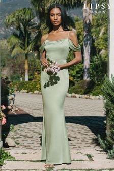 Lipsy Sage Green Off the Shoulder Strappy Satin Bridemaid Dress (K34589) | £70