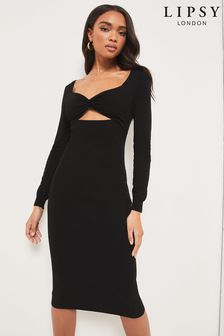 Lipsy Black Cut Out Sweetheart Neckline Ruched Knitted Dress (K34625) | £49