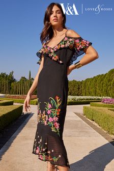 V&A l Love & Roses Black Floral Embroidered Cold Shoulder Maxi Dress (K34677) | £89