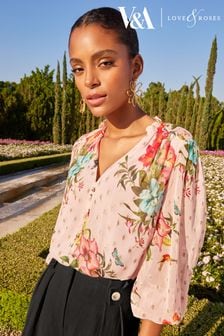 V&A l Love & Roses Pink Floral Printed Ruffle Frill Neck Metallic Blouse (K34726) | £38