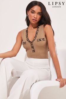 Lipsy Camel Brown Animal Tipped Knitted Button V Neck Sleeveless Vest Top (K35504) | £32