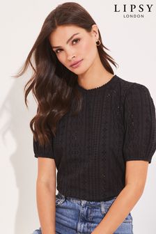 Lipsy Black Broderie Front Half Sleeve T Shirt (K35759) | £25