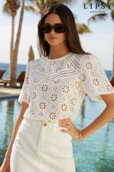 Lipsy White Regular Broderie Angel Sleeve T-Shirt (K35761) | £38