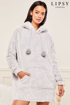 Lipsy Grey Fluffy Oversized Borg Teddy Hoodie (K35792) | £36