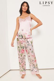 Lipsy Pink Floral Printed Satin Cami Trouser Pyjama Set (K36371) | £38
