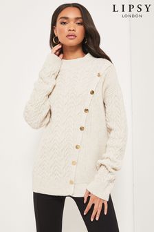 Lipsy Ivory Regular Longline Button Cable Knitted Jumper (K36738) | £46