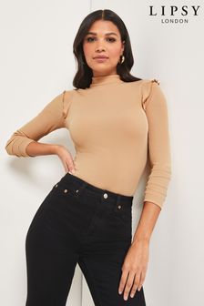 Lipsy Camel Long Sleeve Frill Rib High Neck Top (K36973) | £25