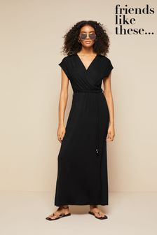 Friends Like These Black Short Sleeve Wrap V Neck Tie Waist Maxi Dress (K37485) | £32