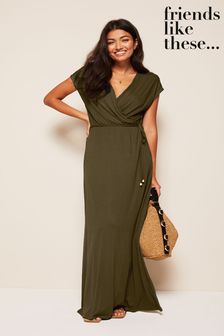 Friends Like These Khaki Green Short Sleeve Wrap V Neck Tie Waist Maxi Dress (K37487) | £32